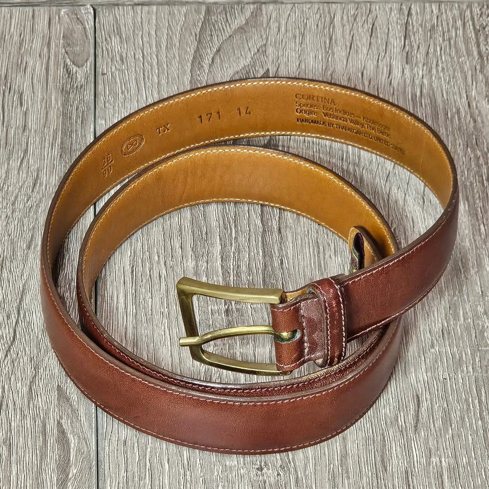 Trafalgar Mens Cortina Brown Leather Dress Belt 36 Made in USA Brass Buckle